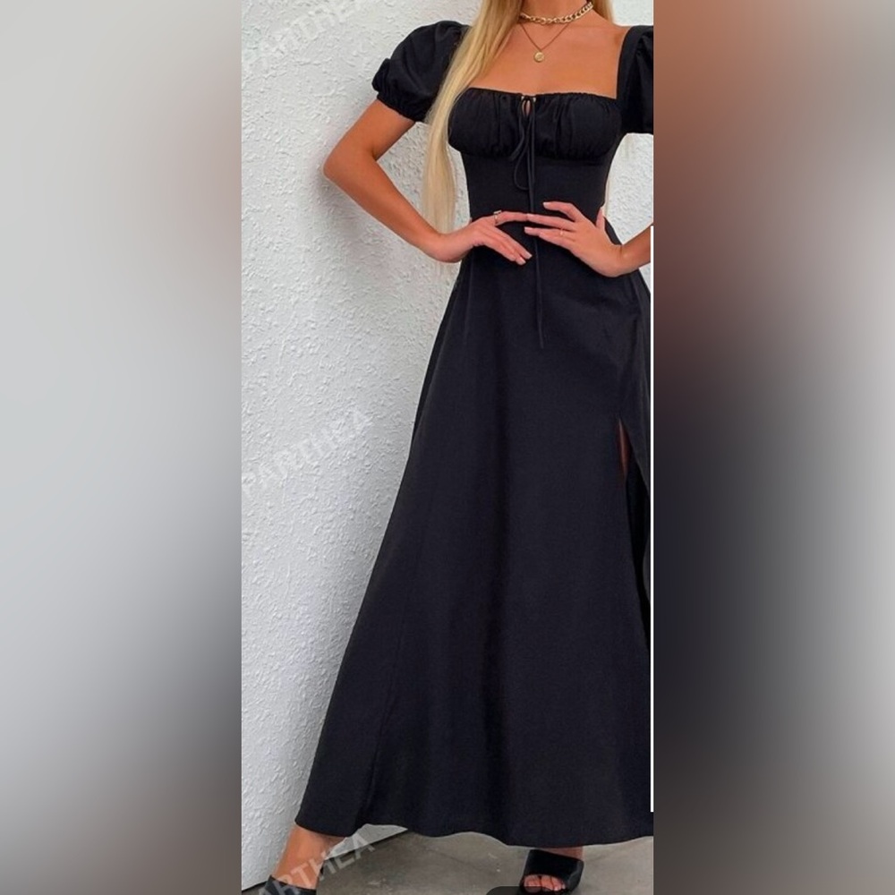 Puff Sleeve Tie Front Elegant Black Maxi Dress 12 NWT